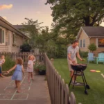 Two families in Concord, NC chat between a duplex and single-family home, kids playing in the summer evening light
