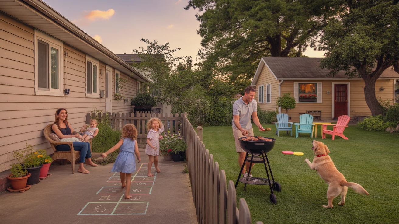 Two families in Concord, NC chat between a duplex and single-family home, kids playing in the summer evening light