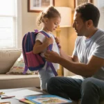 Father helping daughter get ready for school in living room of small apartment