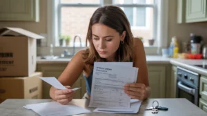 Woman reviewing utility bills and lease in her new West Jordan apartment