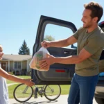 Father and young daughter unloading groceries from car in driveway of Denver home