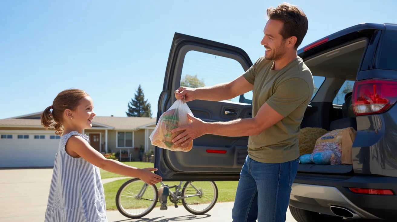 Father and young daughter unloading groceries from car in driveway of Denver home