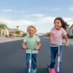 Two kids riding scooters on a quiet suburban street in North Las Vegas
