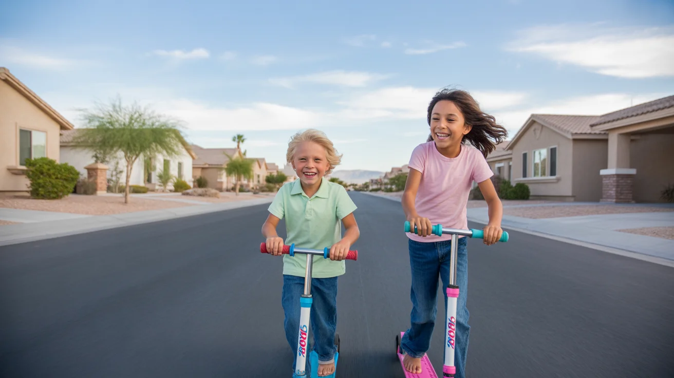 Two kids riding scooters on a quiet suburban street in North Las Vegas