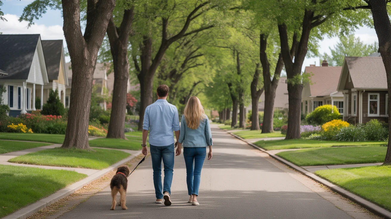 Couple walking dog on sunny residential street in Littleton, Colorado