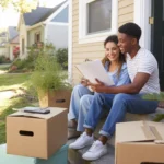 A couple reviewing paperwork on the front steps of their new home in Durham, NC