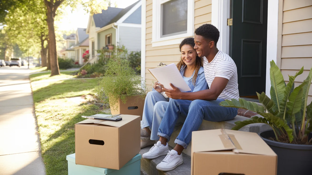 A couple reviewing paperwork on the front steps of their new home in Durham, NC