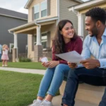 Couple reviewing paperwork on townhome steps with children playing in neighboring yard in Katy, Texas