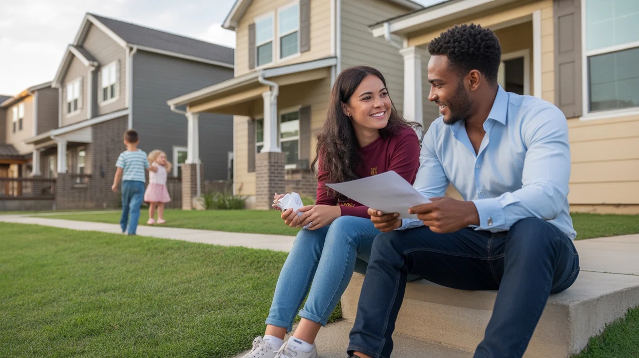 Couple reviewing paperwork on townhome steps with children playing in neighboring yard in Katy, Texas