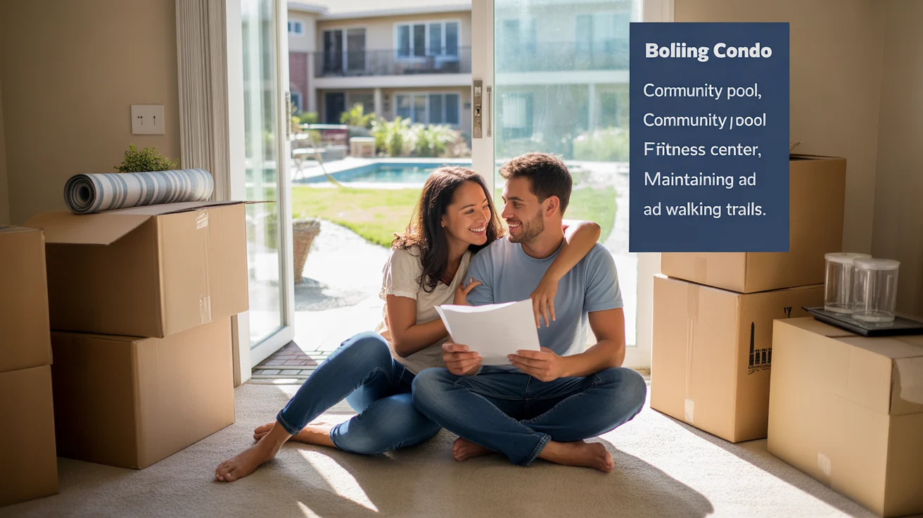A couple sits on the floor of their new condo, smiling as they discuss the benefits of condo living in Bolingbrook.