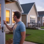 Father turning off porch light of suburban home at dusk