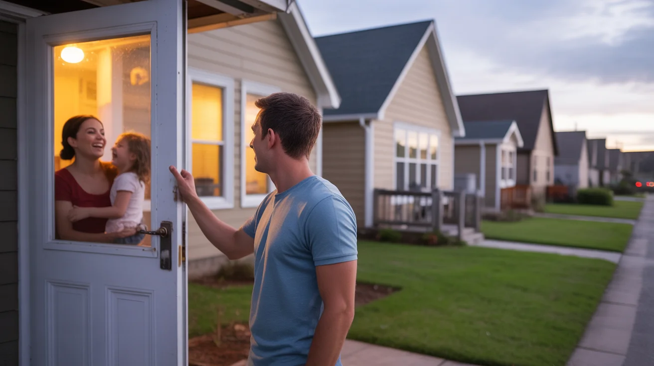 Father turning off porch light of suburban home at dusk