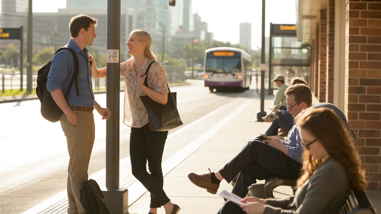 Two coworkers chatting at the Lakeland Bus Terminal while waiting for their evening commute.