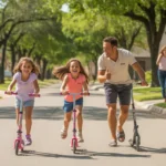 Father and daughters riding scooters together in cul-de-sac of suburban New Braunfels neighborhood