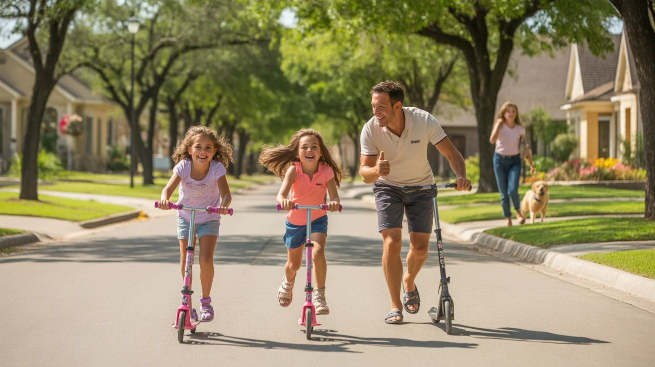 Father and daughters riding scooters together in cul-de-sac of suburban New Braunfels neighborhood