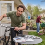 Man assembling bicycle on patio of Aurora, CO apartment