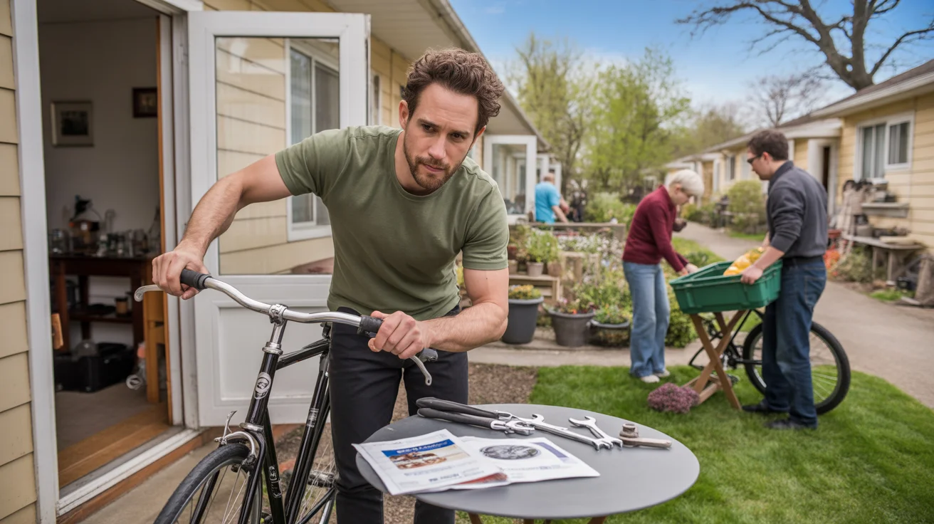 Man assembling bicycle on patio of Aurora, CO apartment