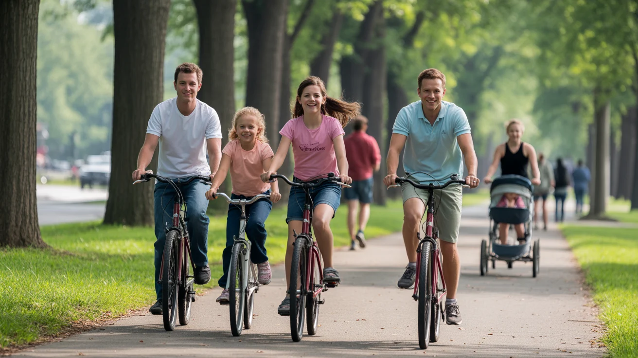 A family enjoys an afternoon bike ride on the Little Sugar Creek Greenway trail in Charlotte, NC