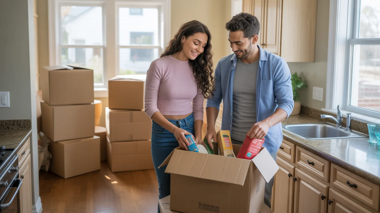 A couple unpacks groceries in their new Concord home kitchen, with some moving boxes still unopened