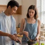 Couple cooking together in minimalist Sunrise Manor apartment kitchen