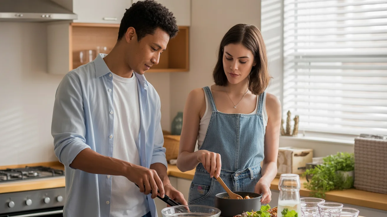 Couple cooking together in minimalist Sunrise Manor apartment kitchen