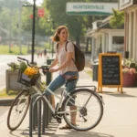 Woman unlocking her bike from a rack outside a local grocery store in Huntersville, NC