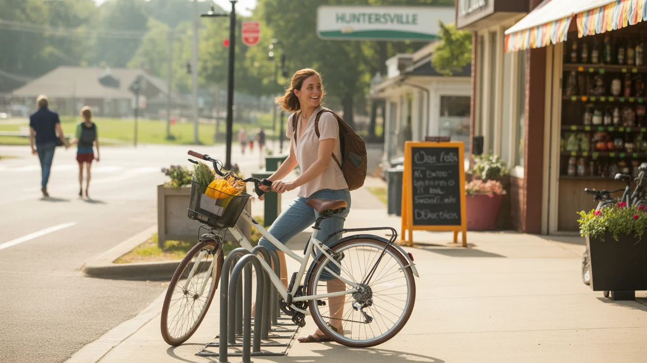 Woman unlocking her bike from a rack outside a local grocery store in Huntersville, NC