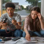 Couple in Bolingbrook apartment living room sorting through streaming remotes and bills