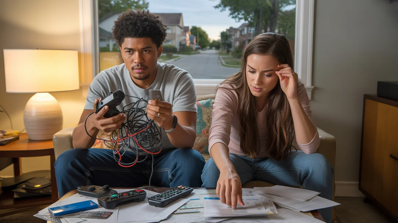 Couple in Bolingbrook apartment living room sorting through streaming remotes and bills