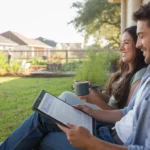 A couple enjoys morning coffee on their patio in suburban Sugar Land, TX