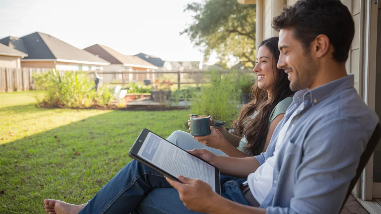 A couple enjoys morning coffee on their patio in suburban Sugar Land, TX