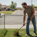 Man pulling weeds in front yard of home in Sunrise Manor, NV