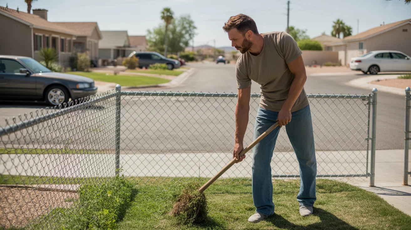 Man pulling weeds in front yard of home in Sunrise Manor, NV