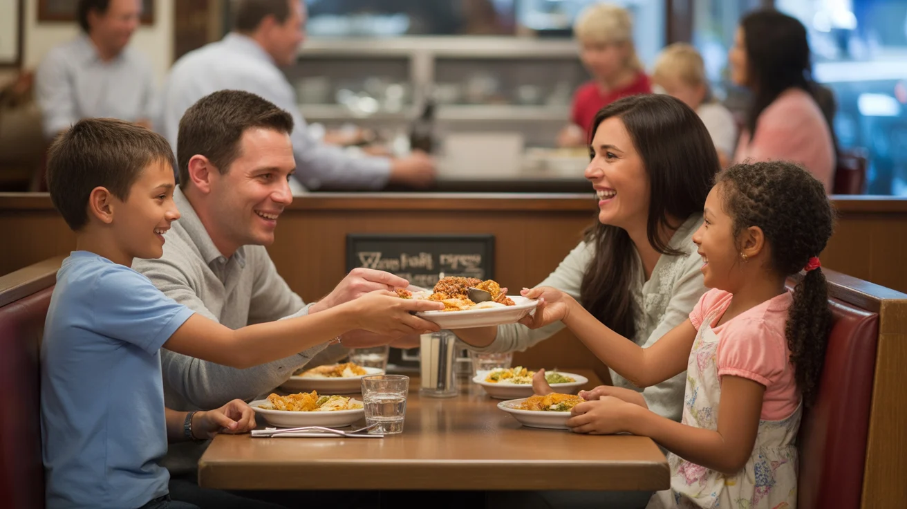 A family of four enjoys dinner together at a cozy restaurant booth in Raleigh, North Carolina.