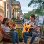 Couple relaxing on apartment balcony decorated with hammock and string lights in Georgetown, Texas
