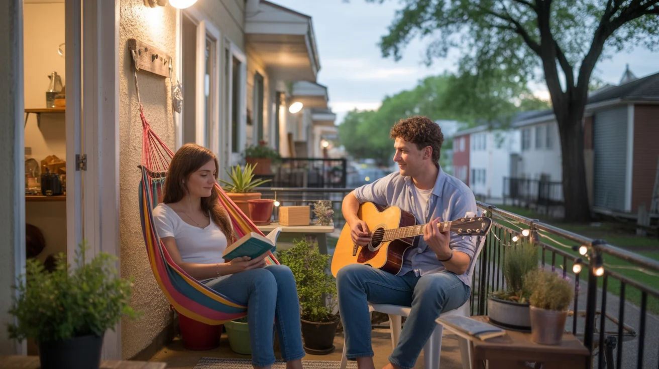 Couple relaxing on apartment balcony decorated with hammock and string lights in Georgetown, Texas