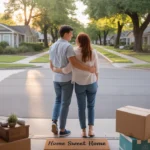 Couple standing in doorway of Centennial apartment looking at neighborhood homes