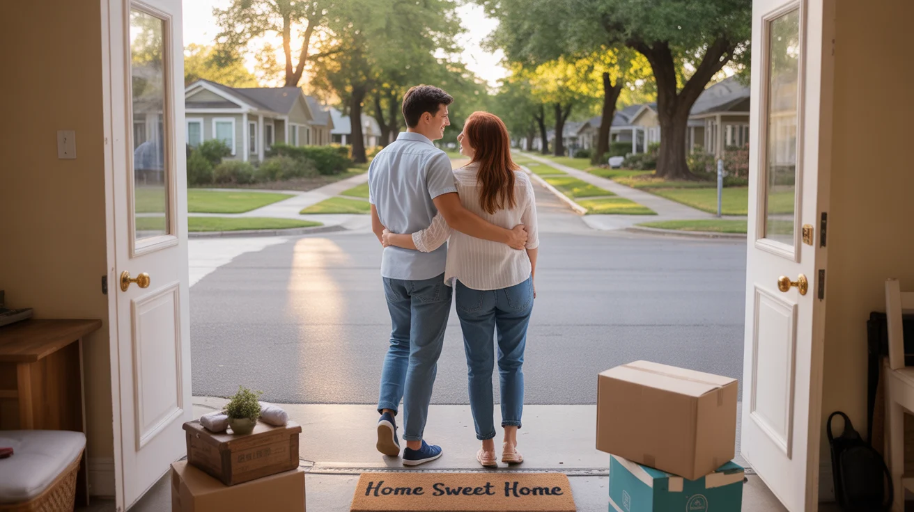 Couple standing in doorway of Centennial apartment looking at neighborhood homes