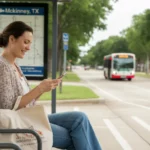 Woman waiting for the bus at a stop in Mckinney, Texas