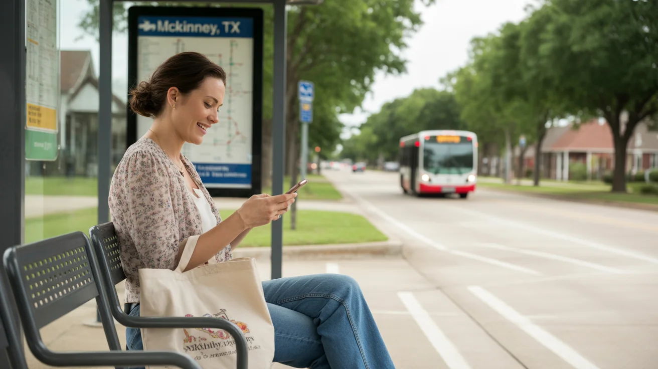 Woman waiting for the bus at a stop in Mckinney, Texas