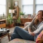 Couple streaming movie on TV in cozy Aurora living room with record player