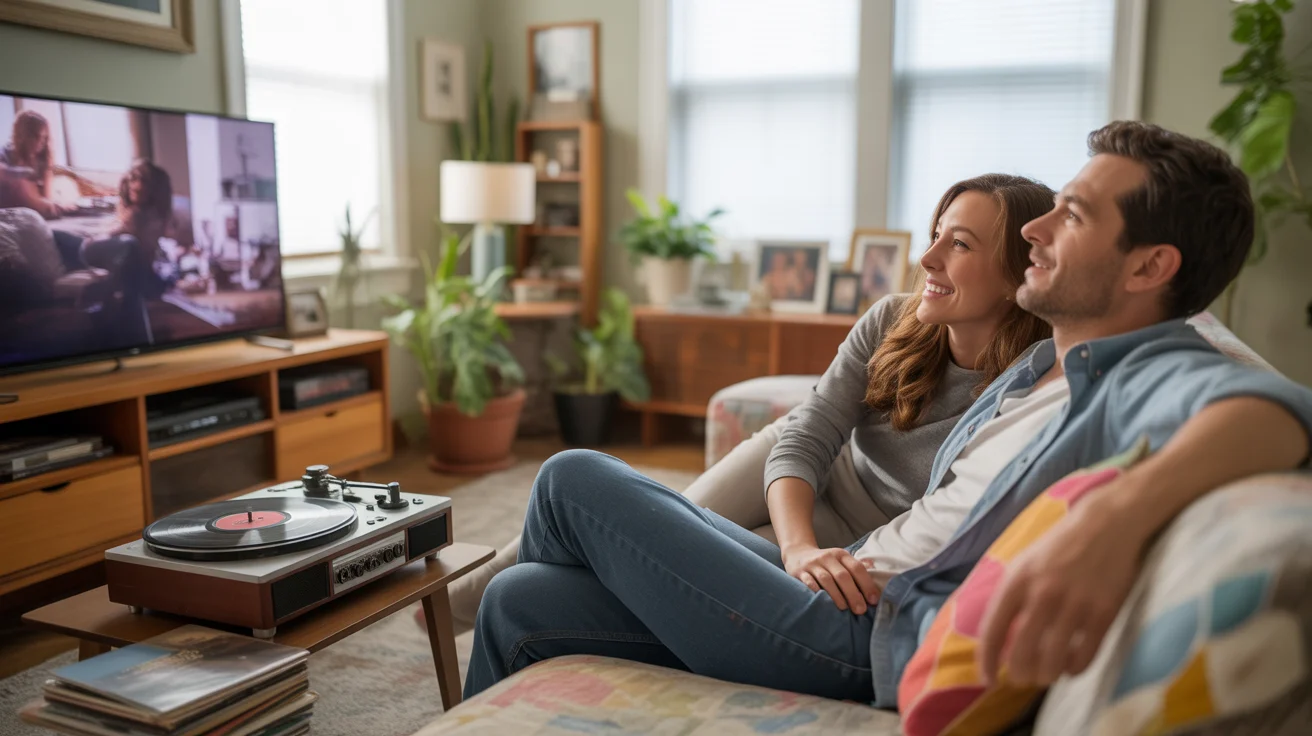 Couple streaming movie on TV in cozy Aurora living room with record player