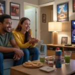 Two roommates watching a movie together on the couch in their cozy Apex apartment living room