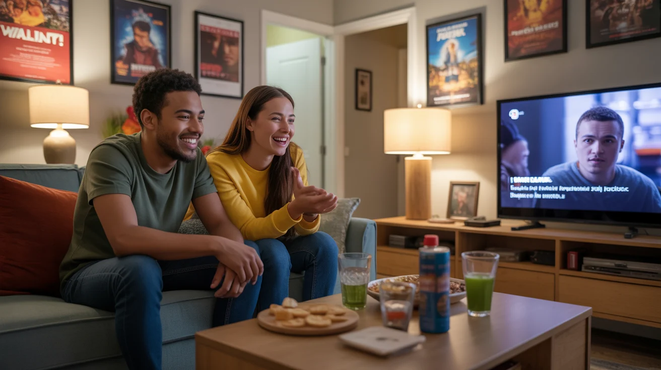 Two roommates watching a movie together on the couch in their cozy Apex apartment living room