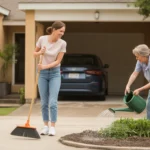 Woman sweeping driveway of duplex in Pasadena, TX while neighbor gardens nearby