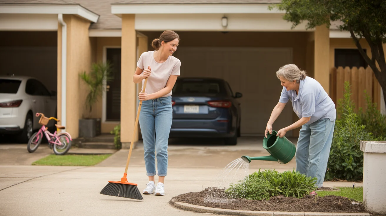 Woman sweeping driveway of duplex in Pasadena, TX while neighbor gardens nearby