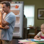 A father stands pensively in front of an open refrigerator while his daughter does homework at the kitchen table in their Apex home.