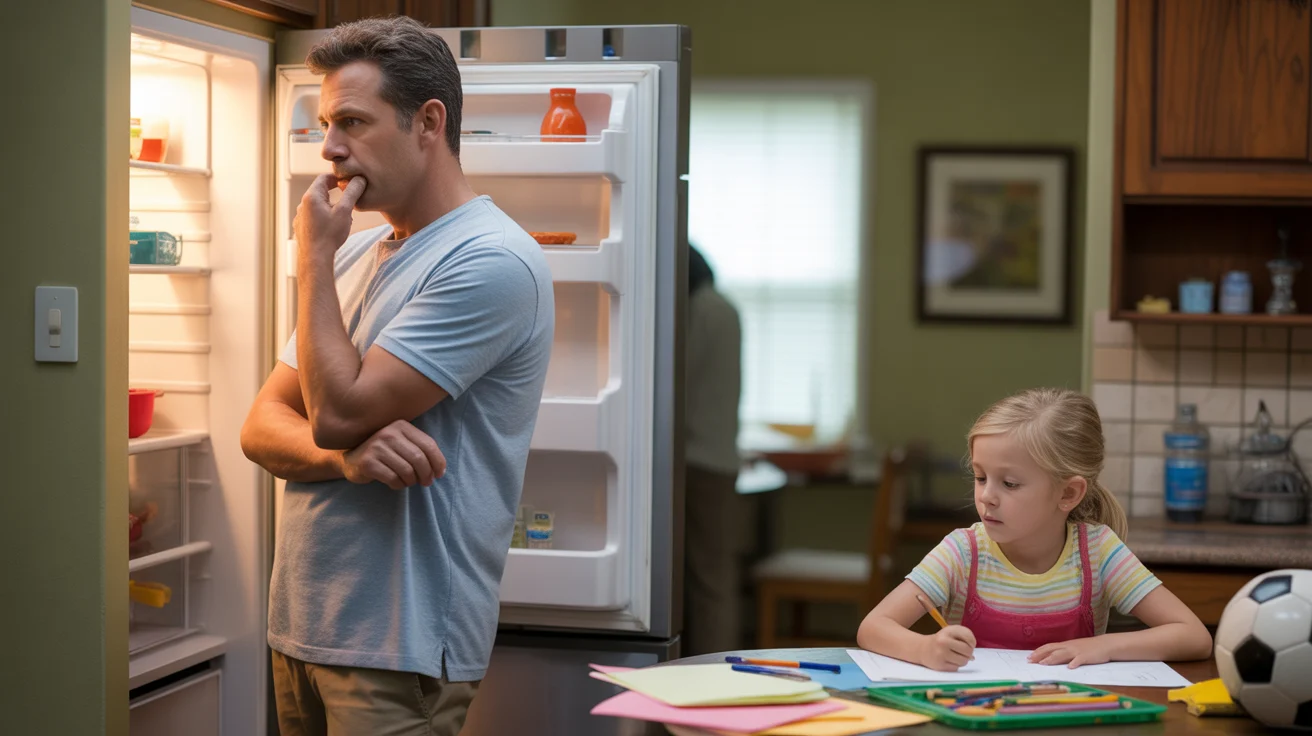 A father stands pensively in front of an open refrigerator while his daughter does homework at the kitchen table in their Apex home.