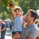 Father lifting daughter to pick apple at Centennial farmers market fruit stand