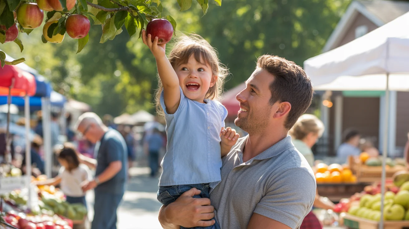 Father lifting daughter to pick apple at Centennial farmers market fruit stand